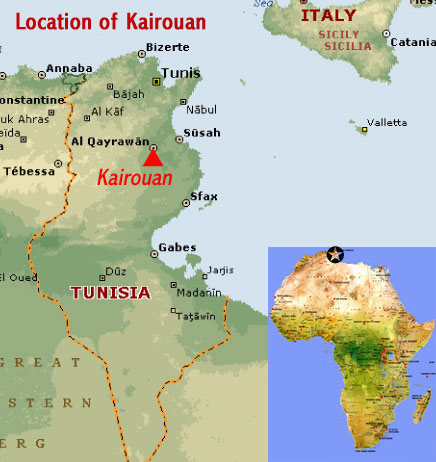 Map showing the location of Kairouan UNESCO world heritage site (Tunisia)